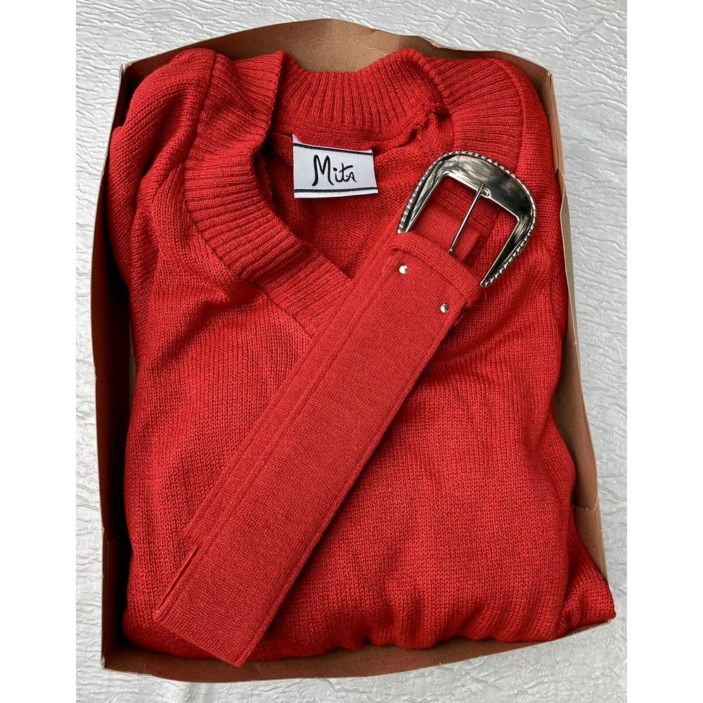 Vtg Mita Sweater Dress Red Padded Shoulder V Neck Wide Belt Sz 16 W Tags USA
